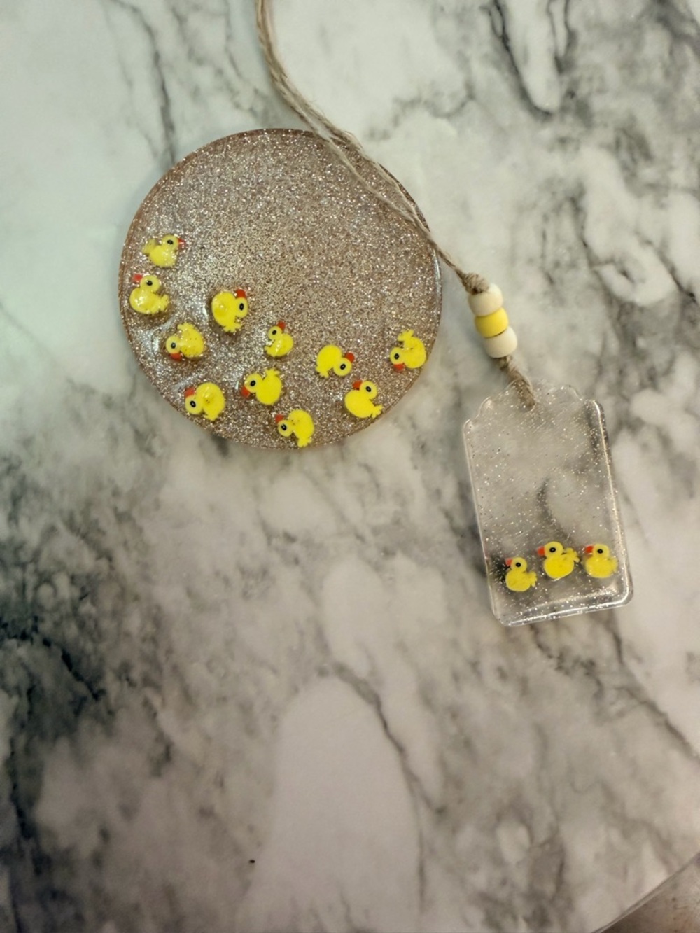 Handmade Yellow Duck Glitter Ornament and Tag Set